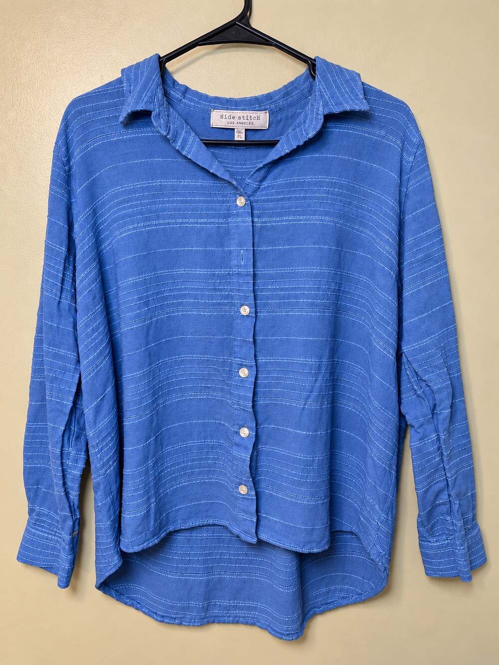 Side Stitch Petite Large Blue Rayon Linen Blend Button Up Shirt Tunic Top